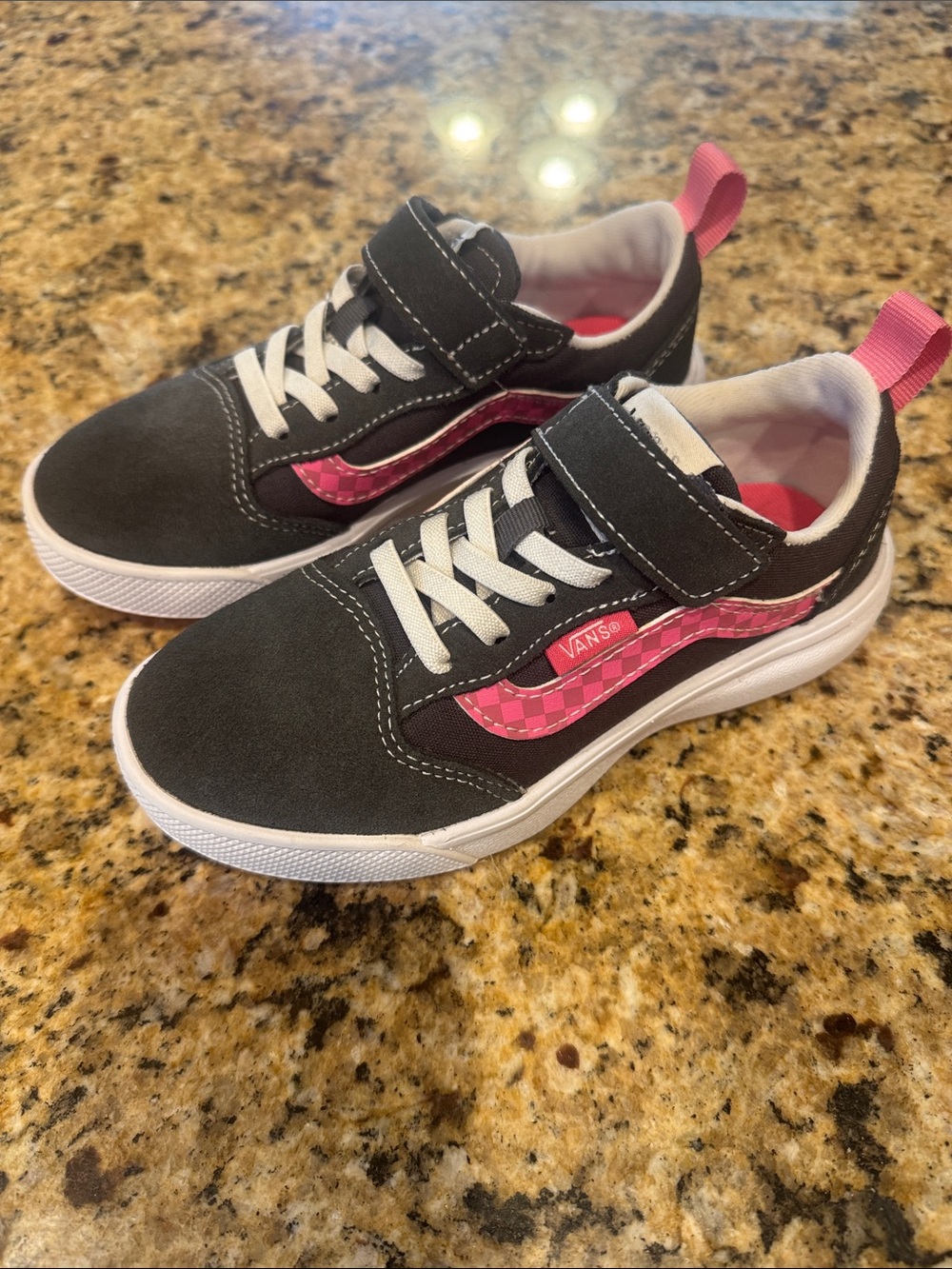 Vans Kids Black Sneakers with Pink Checkerboard Stripe